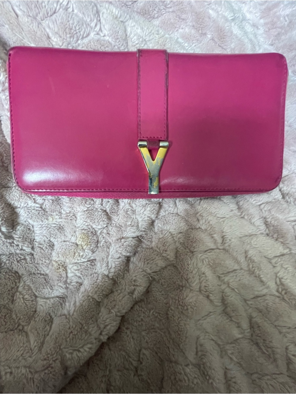 Yves Saint Laurent “Y” Style Ligne Zipper Wallet - Beautiful Bright Pink